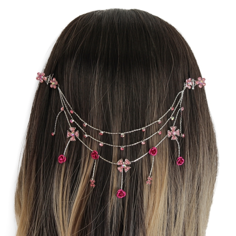 JEWELRY - HEADPIECE WITH CLAW HAIR CLIP UK009 - SILVER WITH PINK-CYCLAMEN (DARK) - PACKAGE 3pcs.