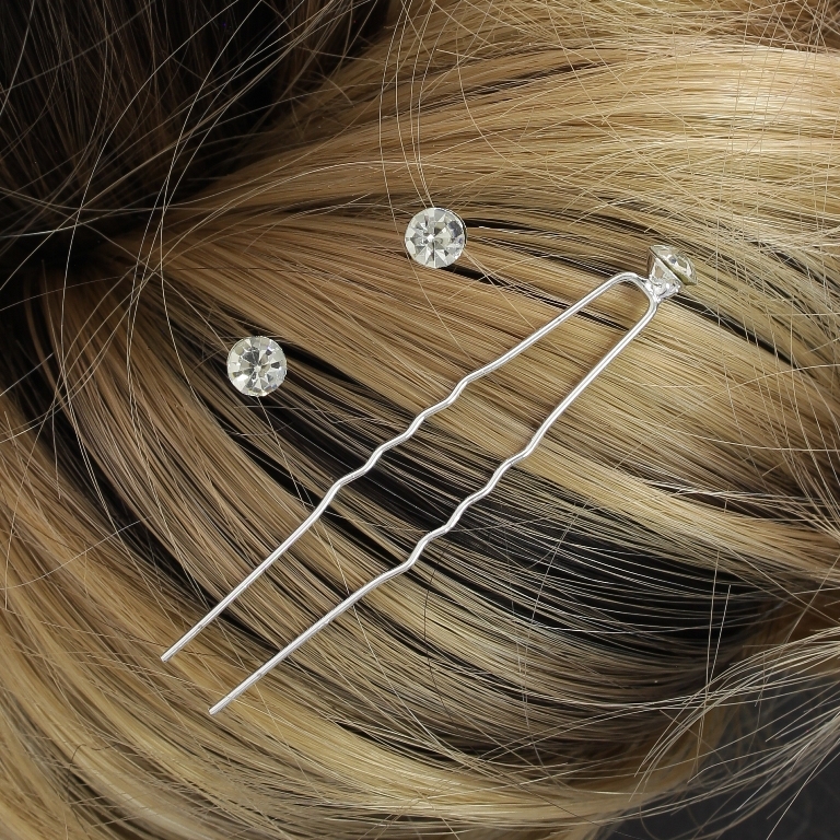 JEWELRY - U-SHAPED HAIR PINS - CRYSTAL FR006 - 0.6cm SILVER AND WHITE - PACKAGE 20pcs.