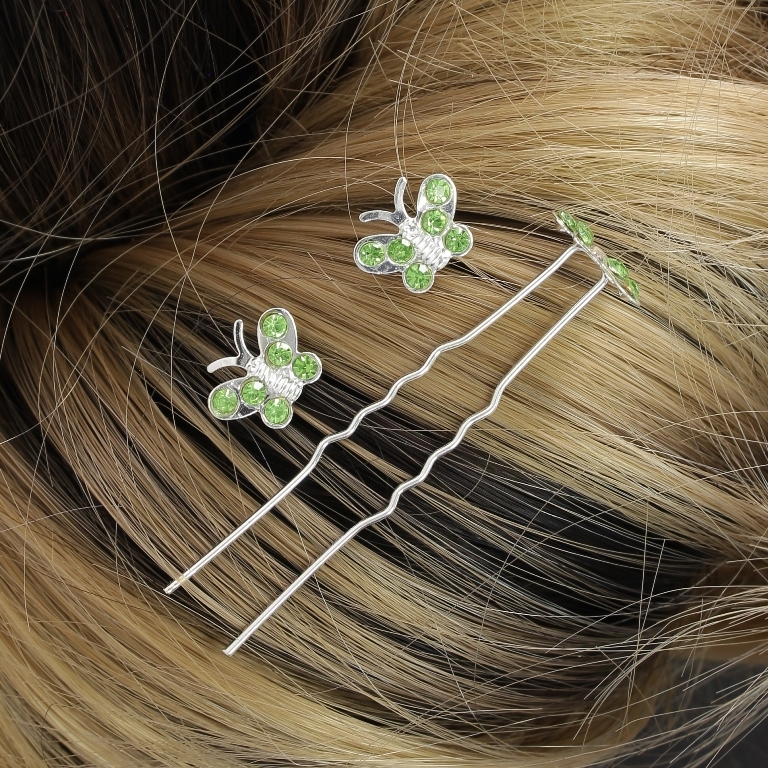 JEWELRY - U-SHAPED HAIR PINS - BUTTERFLY FR005 - 1.4х1.2cm SILVER AND GREEN (LIGHT) - PACKAGE 20pcs.