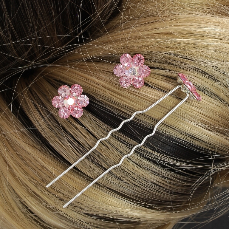 JEWELRY - U-SHAPED HAIR PINS - FLOWER FR001 - 1.3cm SILVER AND PINK (LIGHT) (АВ) - PACKAGE 20pcs.