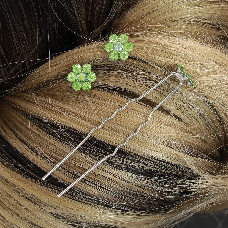 JEWELRY - U-SHAPED HAIR PINS - FLOWER FR001 - 1.0cm SILVER AND GREEN (LIGHT) (АВ) - PACKAGE 20pcs.