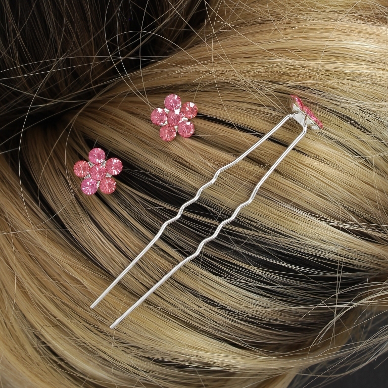 JEWELRY - U-SHAPED HAIR PINS - FLOWER FR001 - 1.0cm SILVER AND PINK (DARK) - PACKAGE 20pcs.