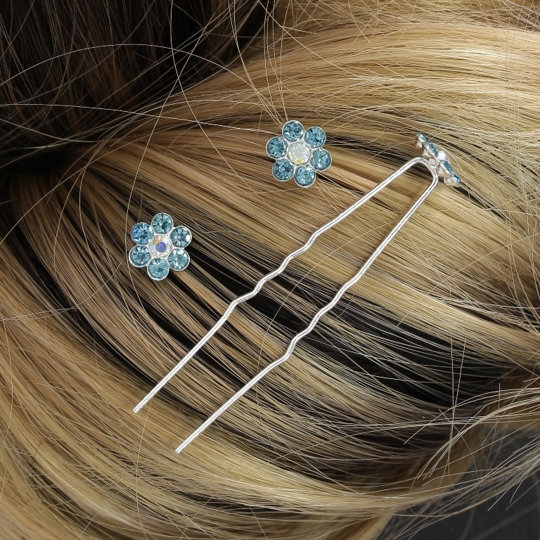 JEWELRY - U-SHAPED HAIR PINS - FLOWER FR001 - 1.0cm SILVER AND BLUE (АВ) - PACKAGE 20pcs.