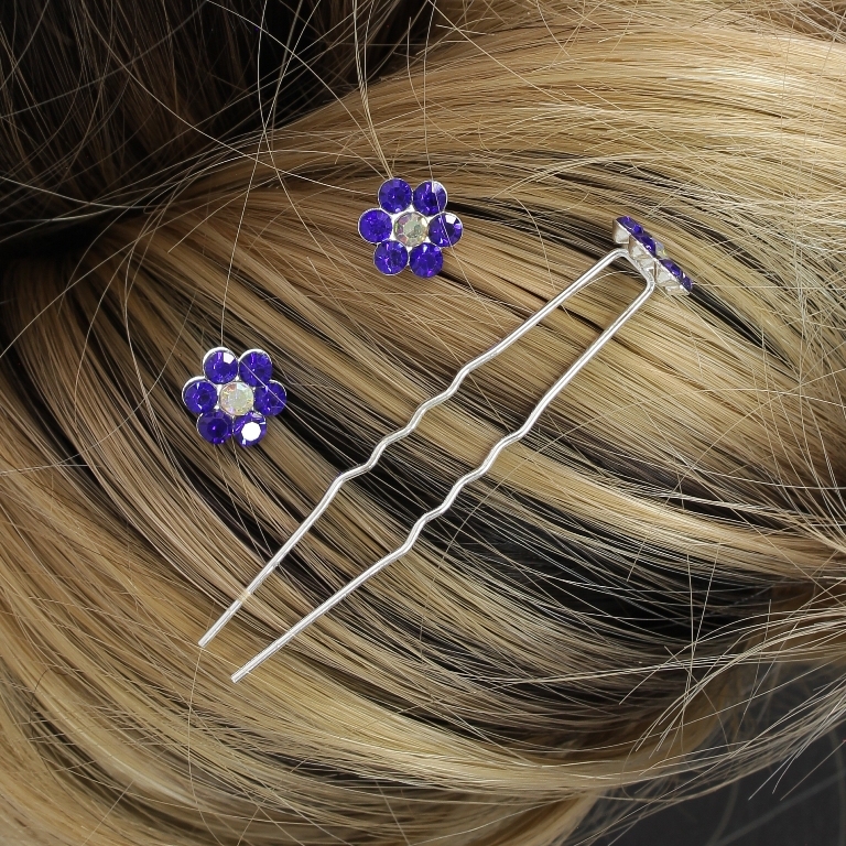 JEWELRY - U-SHAPED HAIR PINS - FLOWER FR001 - 1.0cm SILVER AND BLUE (DARK) (АВ) - PACKAGE 20pcs.