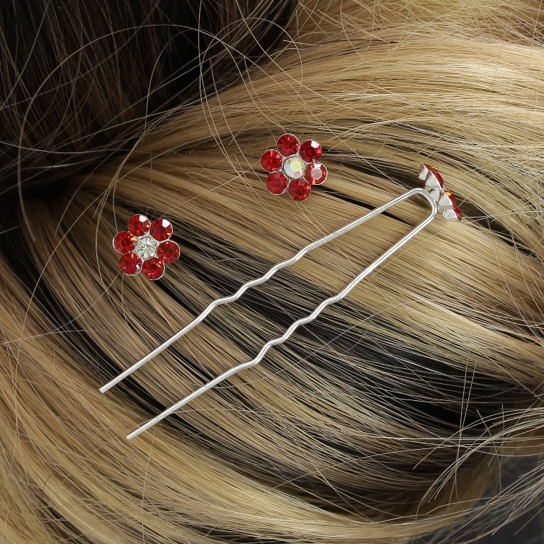 JEWELRY - U-SHAPED HAIR PINS - FLOWER FR001 - 1.0cm SILVER AND RED (АВ) - PACKAGE 20pcs.