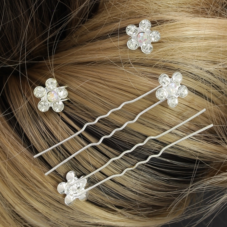 JEWELRY - U-SHAPED HAIR PINS - FLOWER FR001-1 - 1.4cm SILVER AND WHITE (АВ) - PACKAGE 20pcs.