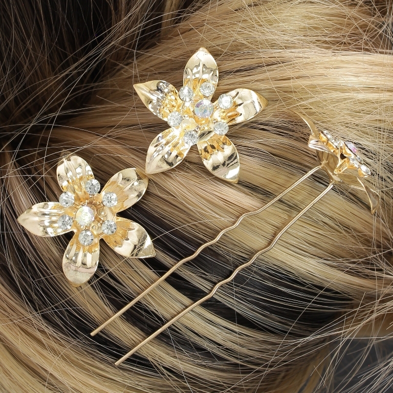 JEWELRY - U-SHAPED HAIR PINS - FLOWER FR020 - 2.6cm ROSE GOLD AND WHITE (АВ) - PACKAGE 12pcs.