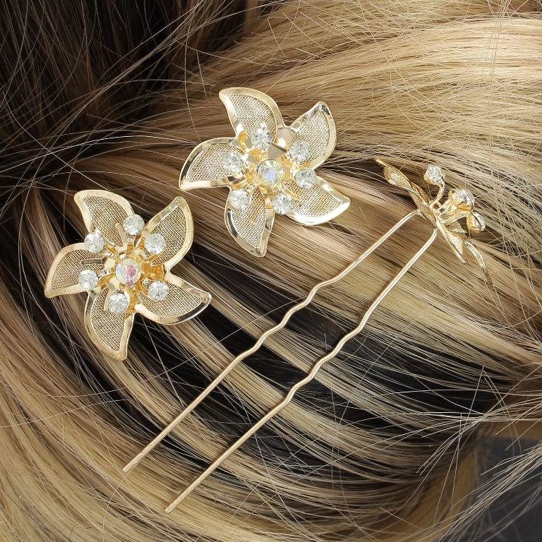 JEWELRY - U-SHAPED HAIR PINS - FLOWER FR021 - 2.7cm ROSE GOLD AND WHITE (АВ) - PACKAGE 12pcs.