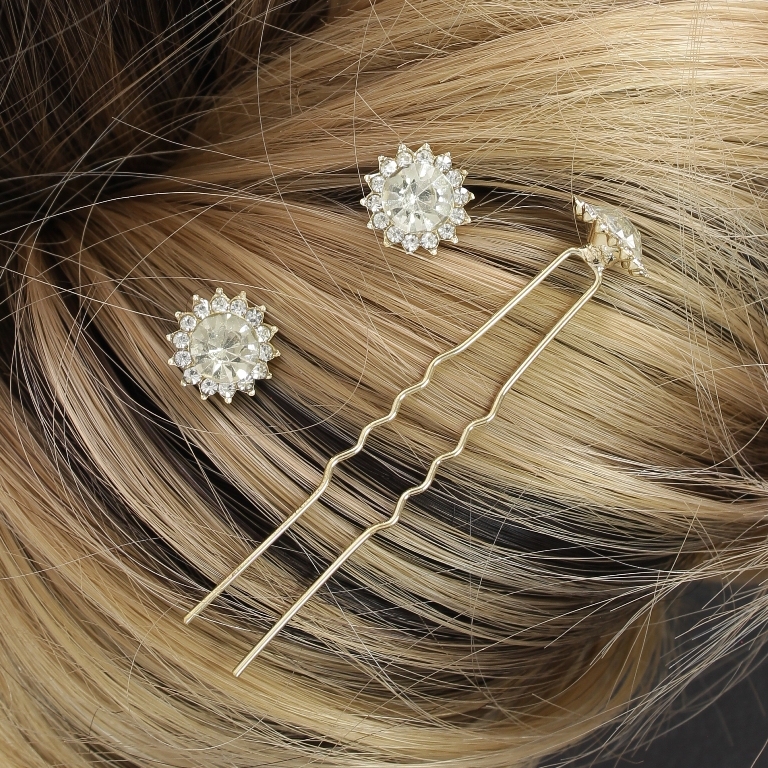 JEWELRY - U-SHAPED HAIR PINS - FLOWER FR022 - 1.0cm GOLD (DARK) AND WHITE - PACKAGE 20pcs.