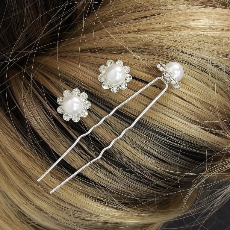 JEWELRY - U-SHAPED HAIR PINS - FLOWER WITH PEARL FR010 - 1.3cm SILVER AND WHITE - PACKAGE 20pcs.