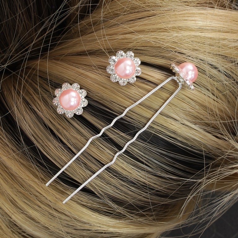 JEWELRY - U-SHAPED HAIR PINS - FLOWER WITH PEARL FR010 - 1.3cm SILVER AND PINK (LIGHT) - PACKAGE 20pcs.