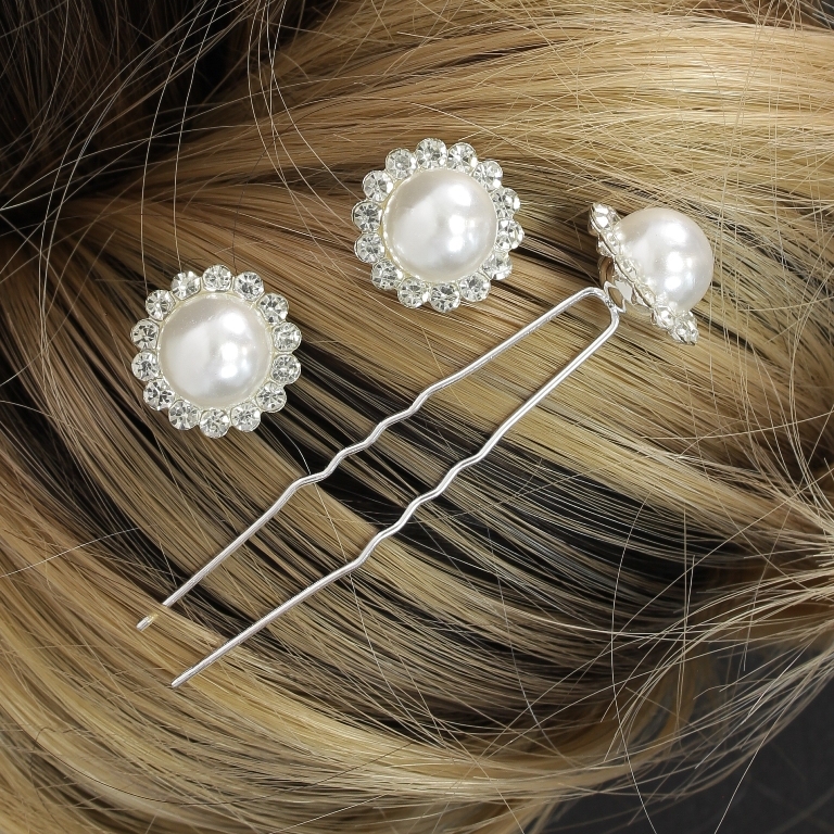 JEWELRY - U-SHAPED HAIR PINS - FLOWER WITH PEARL FR010 - 1.8cm SILVER AND WHITE - PACKAGE 20pcs.