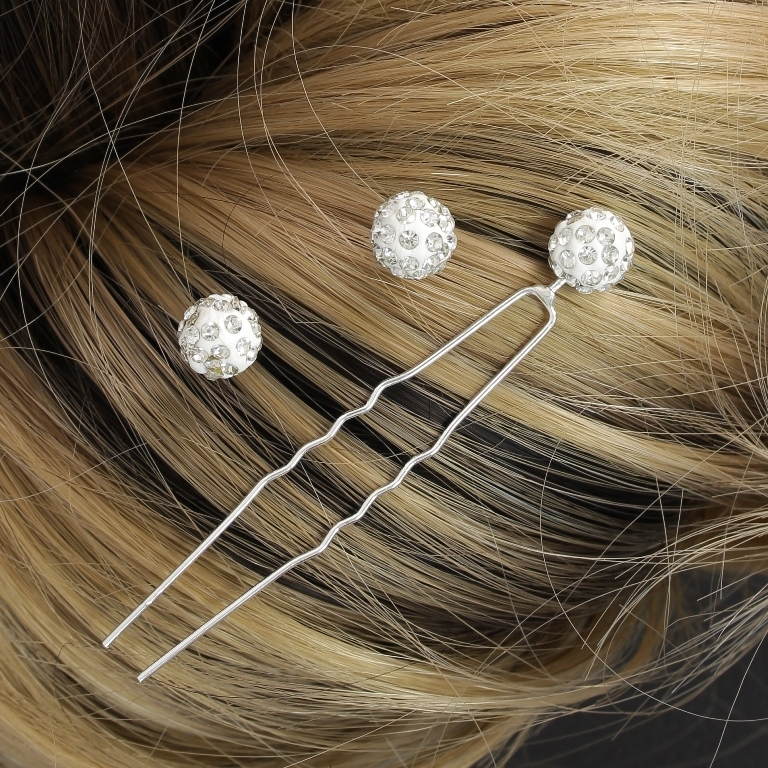 JEWELRY - U-SHAPED HAIR PINS - SHAMBALA FR008 - 1.0cm SILVER AND WHITE - PACKAGE 20pcs.