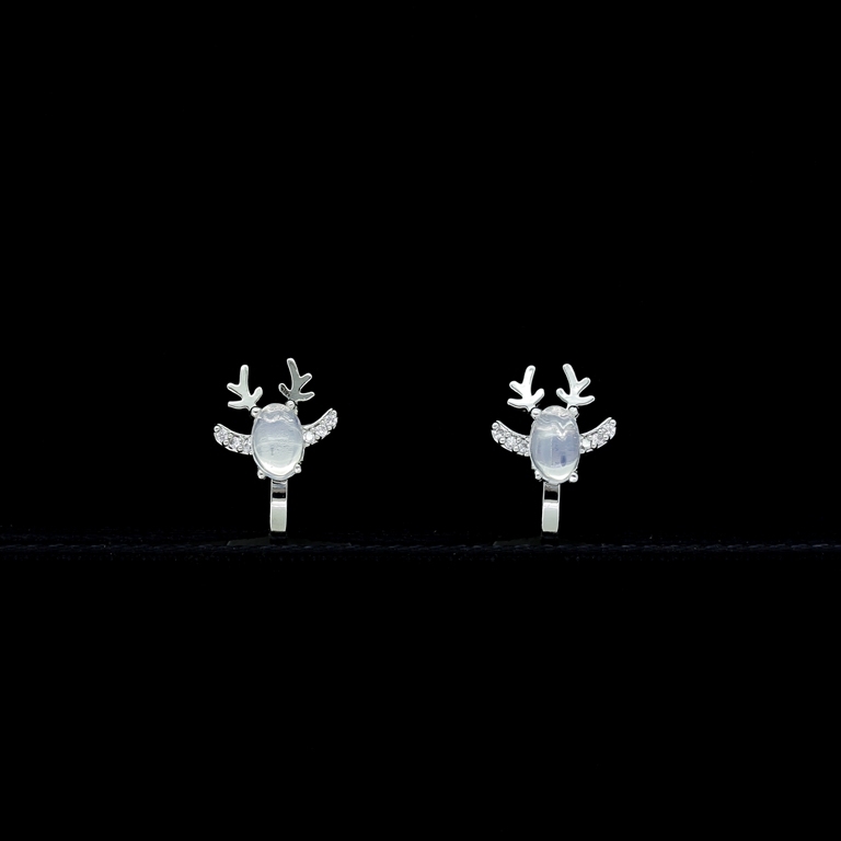 JEWELRY - EARRINGS - CLIP ON - ZIRCON AND MOONSTONE - DEER Е429 - SILVER-WHITE - PACKAGE (3 pairs)