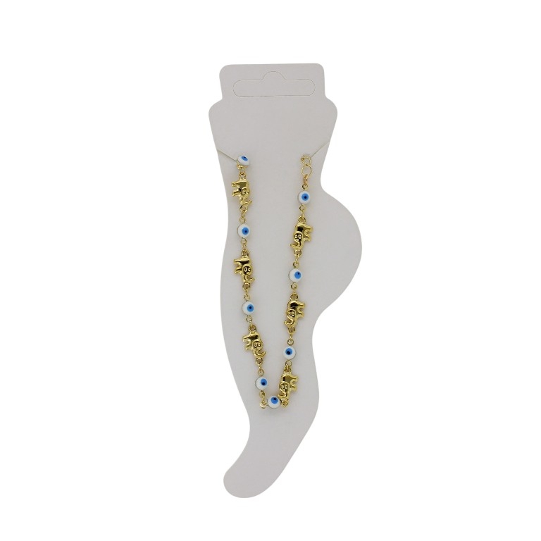 JEWELRY - ANKLET - BRASS AND ENAMEL - CHAIN - 19cm EYE AND ELEPHANT GK045 - GOLD AND BLUE - 1pc.