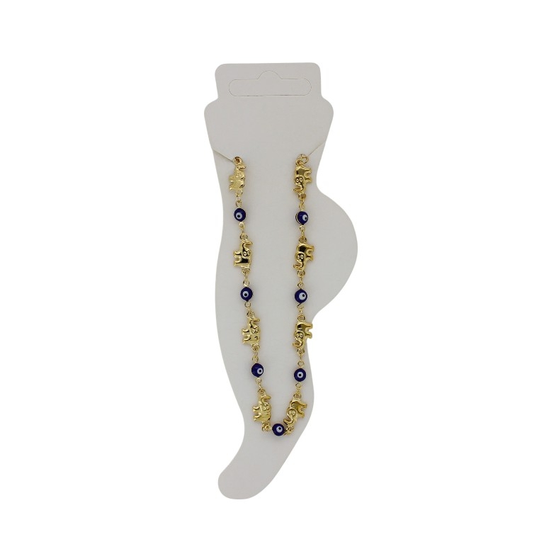 JEWELRY - ANKLET - BRASS AND ENAMEL - CHAIN - 19cm EYE AND ELEPHANT GK045 - GOLD AND BLUE (DARK) - PACKAGE 2pcs.
