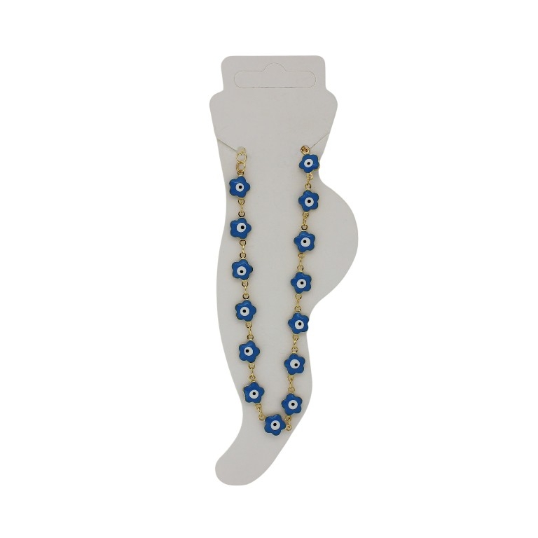 JEWELRY - ANKLET - BRASS AND ENAMEL - CHAIN - 20cm EYE FLOWER GK046 - GOLD-TURQUOISE-WHITE - 1pc.