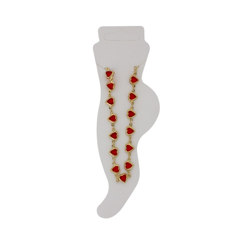 JEWELRY - ANKLET - BRASS AND CRYSTALS - CHAIN - 19cm HEART GK050 - GOLD AND RED - 1pc.