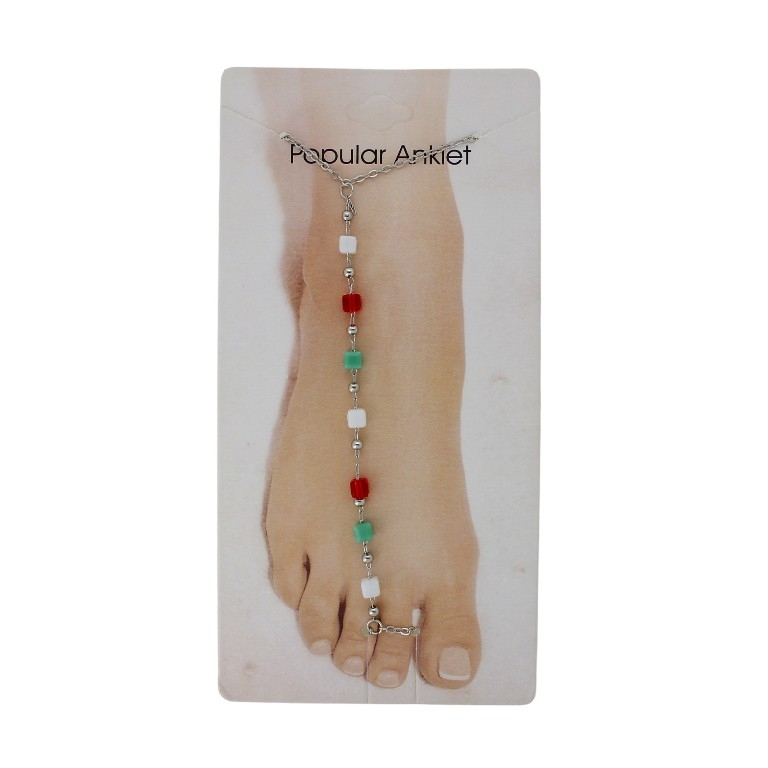 JEWELRY - ANKLET - METAL AND CRYSTALS - CHAIN - 20.5cm CUBE GK084 NICKEL-WHITE-RED-GREEN - 1pc.