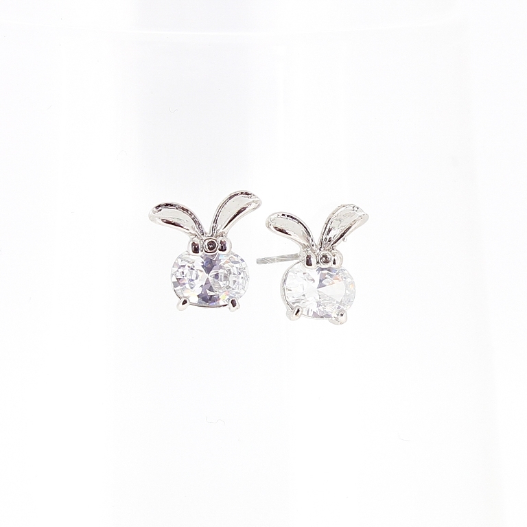 JEWELRY - EARRINGS - SCREW - ZIRCON - RABBIT Е483 - 1.0x1.2cm NICKEL AND WHITE - 1 pair