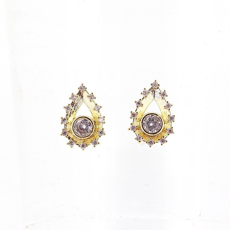 JEWELRY - EARRINGS - SCREW - ZIRCON - DROP Е491 - 1.1x1.5cm GOLD AND WHITE - PACKAGE 6 pairs