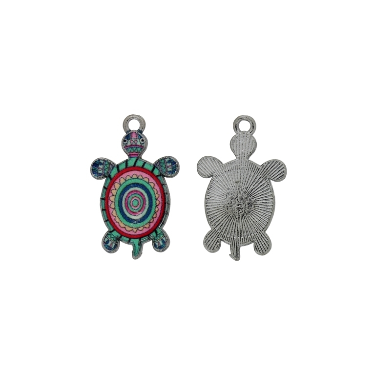 METAL BEADS WITH ENAMEL - PENDANT - TURTLE 02 - 15x25x2.4mm NICKEL-TURQUOISE-RED - 5pcs. Hole-1.8mm