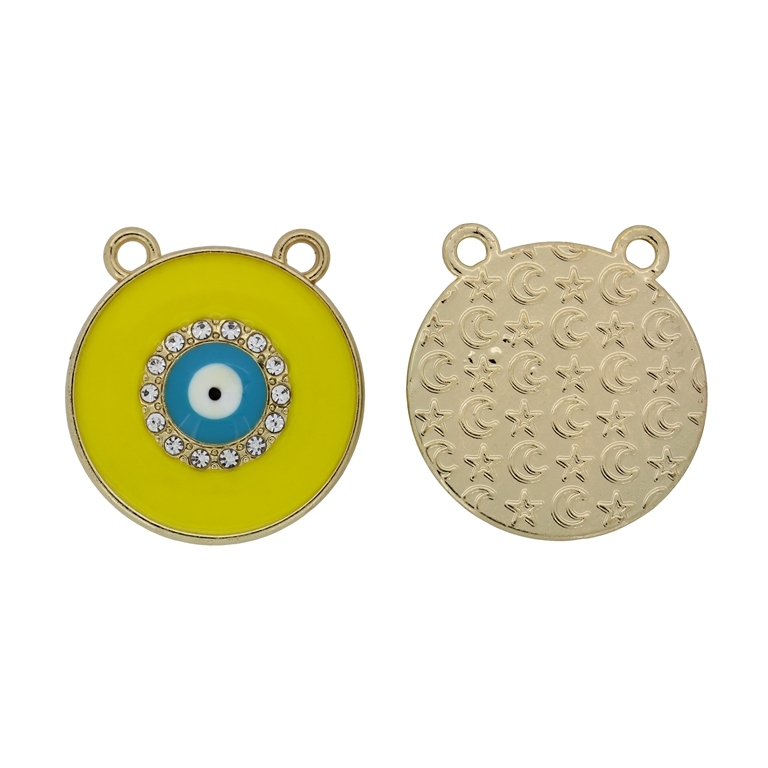 METAL BEADS WITH ENAMEL AND CRYSTALS - PENDANT - EYE 10 - 25x26x3.6mm GOLD-YELLOW-TURQUOISE - 2pcs. Hole-2.2mm