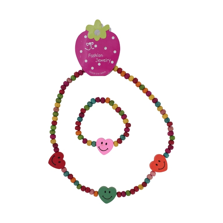 JEWELRY - SET - ELASTIC - WOODEN BEADS - HEART S96 - MIX - PACKAGE (6 sets)