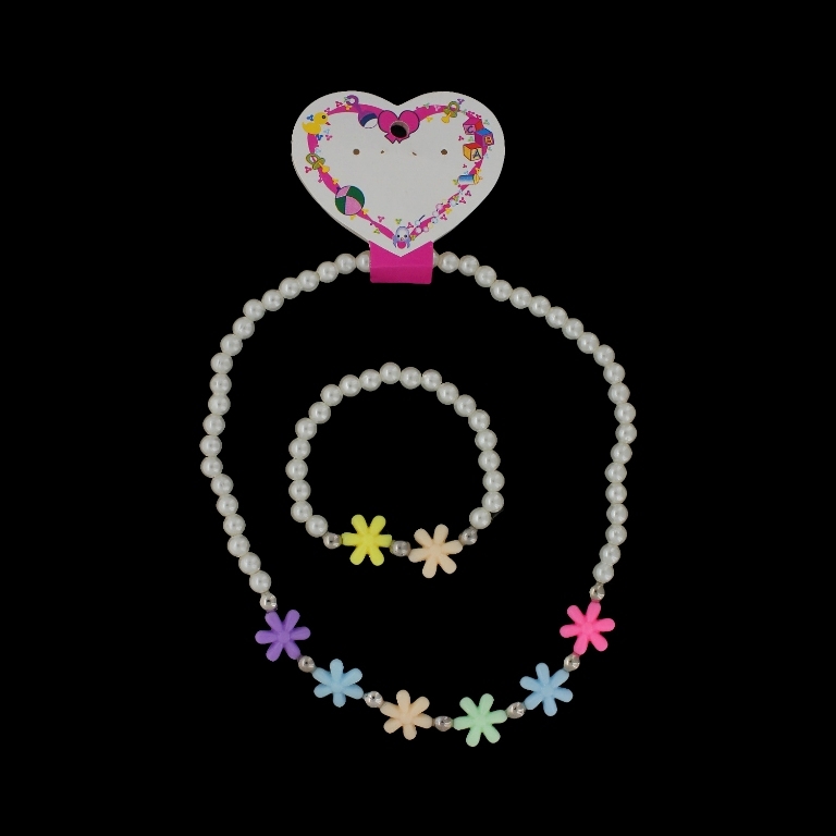 JEWELRY - SET - ELASTIC - PLASTIC PEARLS - FLOWER S66 - WHITE-NICKEL-MIX - 1 set