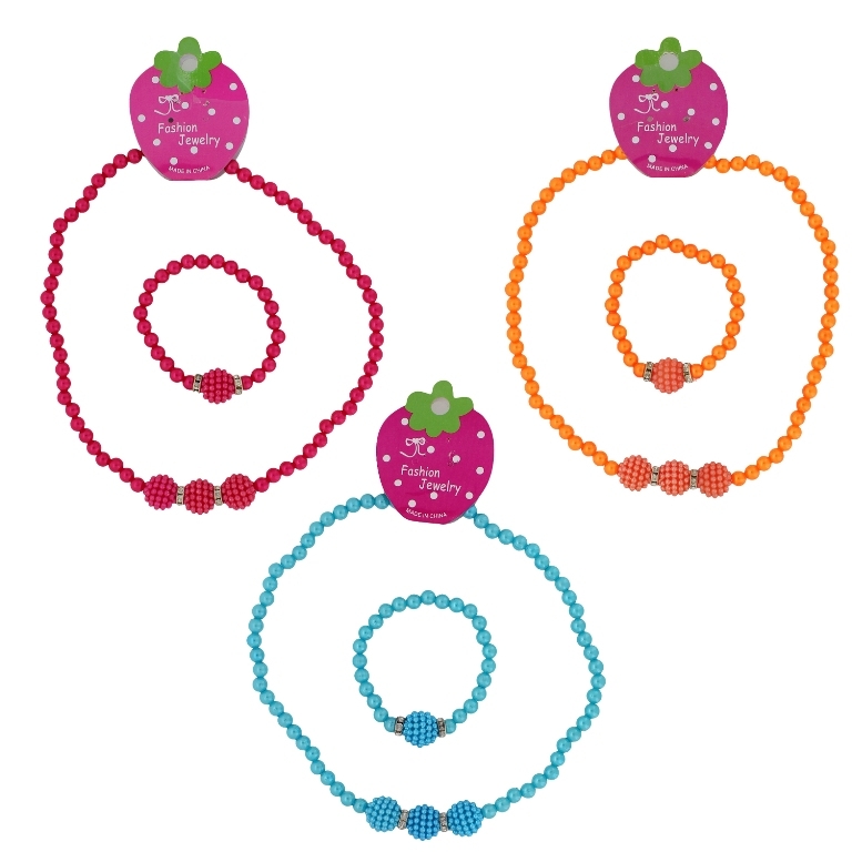 JEWELRY - SET - ELASTIC - PLASTIC PEARLS - RASPBERRY S76 - WHITE-NICKEL-MIX - 1 set