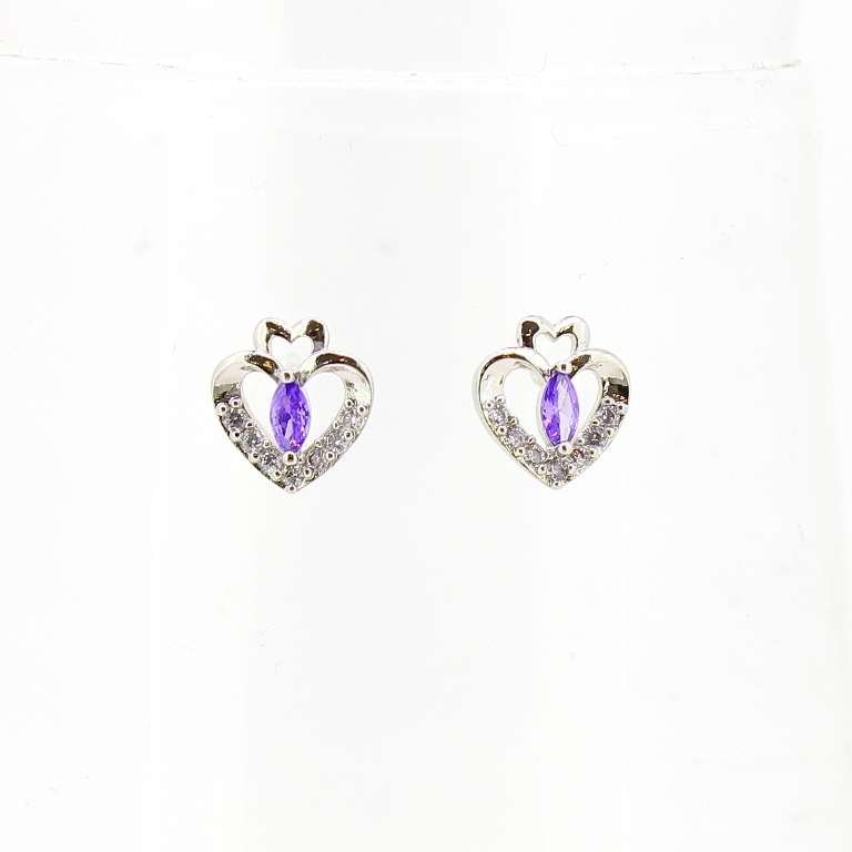 JEWELRY - EARRINGS - SCREW - ZIRCON - HEART Е575 - 1.0x1.1cm NICKEL AND WHITE-PURPLE - PACKAGE 3 pairs