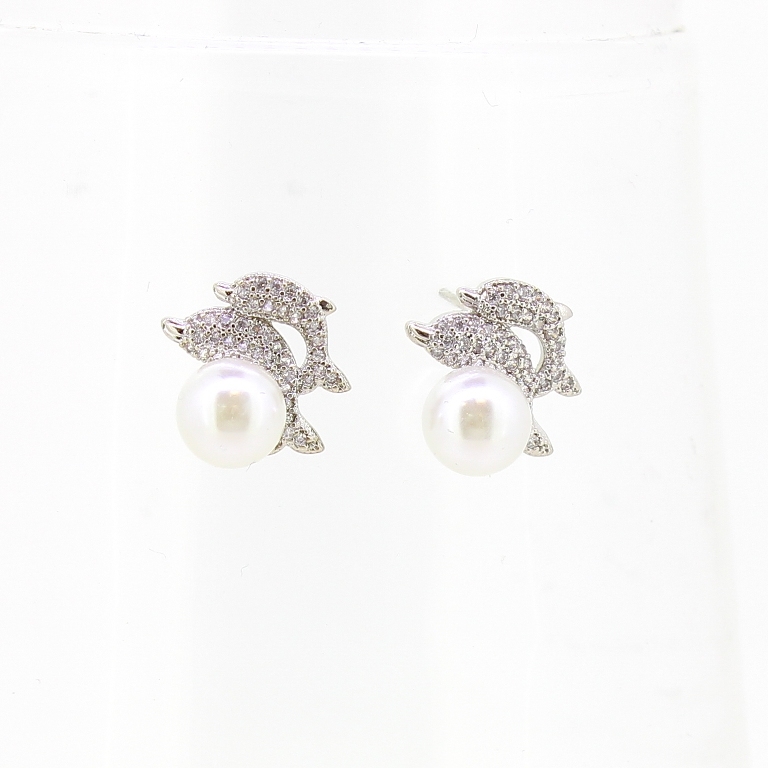 JEWELRY - EARRINGS - SCREW - ZIRCON AND PEARLS - DOLPHINS Е584 - 1.5x1.6cm NICKEL AND WHITE - PACKAGE 3 pairs