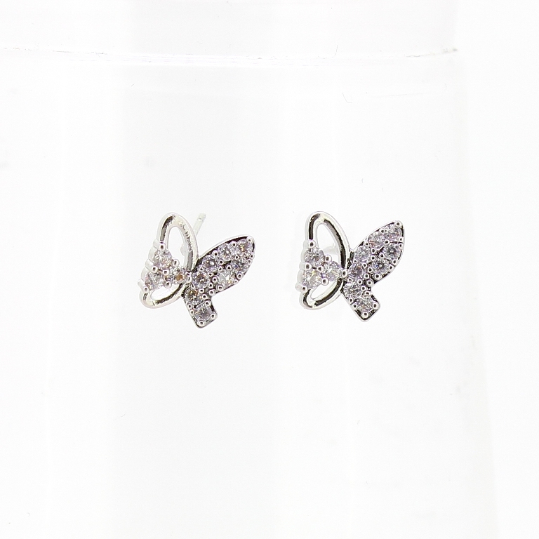 JEWELRY - EARRINGS - SCREW - ZIRCON - BUTTERFLY Е576 - 1.0x1.0cm NICKEL AND WHITE - PACKAGE 3 pairs