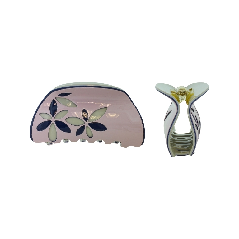 JEWELRY - BRACKET - CLAW HAIR CLIP PLASTIC WITH FLOWERS SH074 - 8.5x4.5x4.0cm ROSE DUST-BLUE (DARK)- BEIGE - PACKAGE 2pcs.