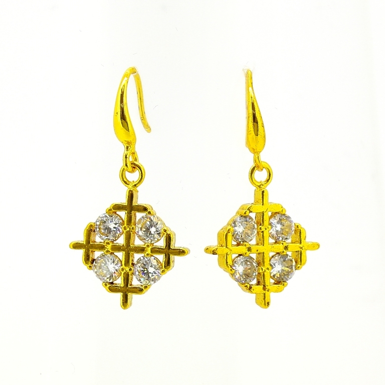 JEWELRY - EARRINGS - HOOK - ZIRCON - CLOVER Е596 - 1.6x3cm GOLD AND WHITE - PACKAGE 6 pairs