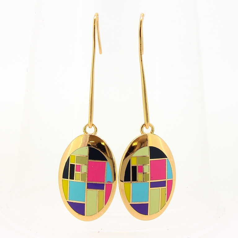 JEWELRY - EARRINGS - HOOK - METAL AND ENAMEL - ELLIPSE Е636 - 2.1x7.3cm GOLD-MIX - 1 pair
