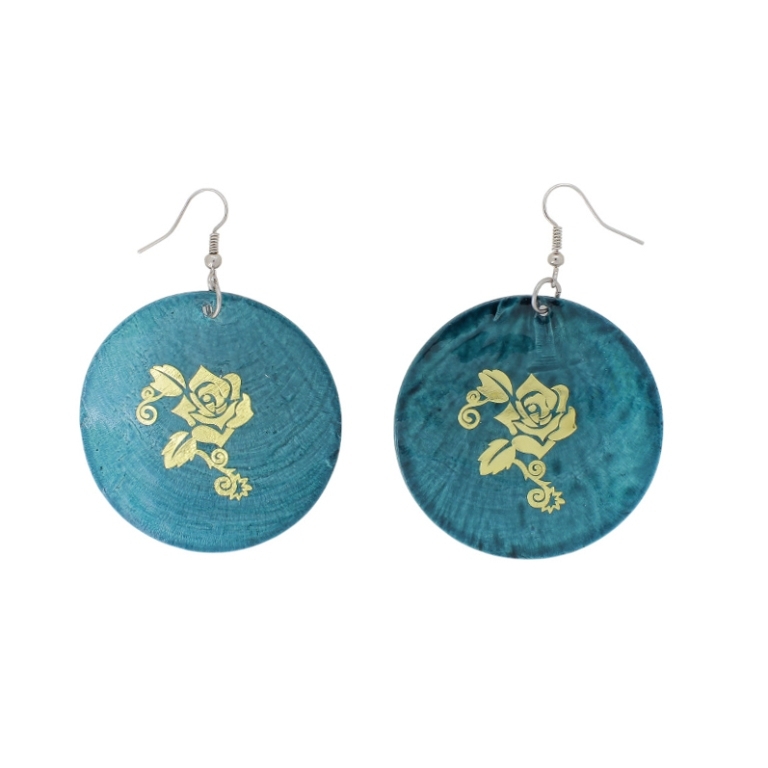 JEWELRY - EARRINGS - HOOK - MOTHER OF PEARL - ROSE Е644 - 5x7cm GREEN (DARK) AND GOLD - 1 pair