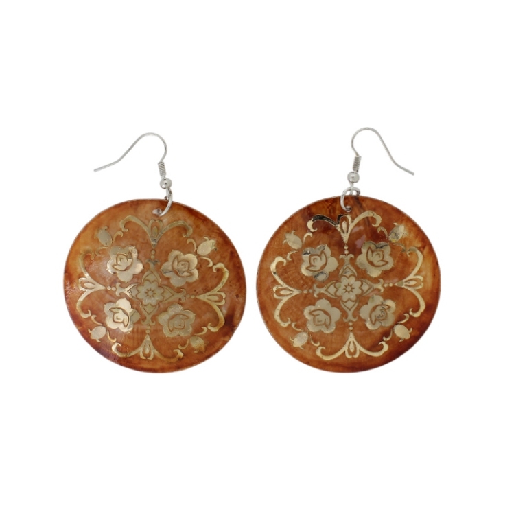 JEWELRY - EARRINGS - HOOK - MOTHER OF PEARL - FLOWER Е641 - 5x7cm BROWN AND GOLD - 1 pair