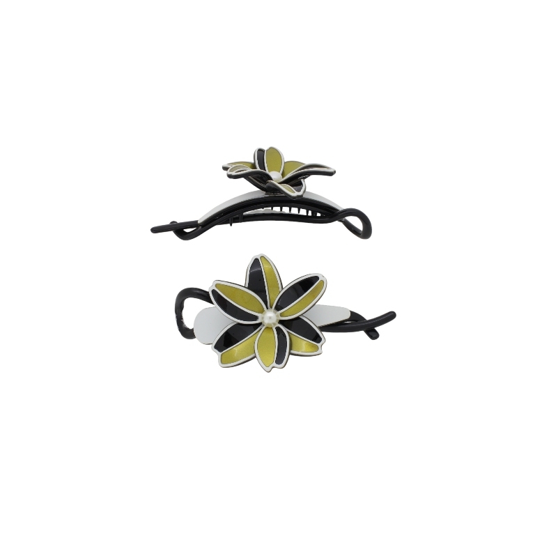 JEWELRY - RESIN BRACKET FOR HAIR WITH PEARLS SH106 - FLOWER - 11x5.4x2.4cm BLACK-WHITE-GOLD - PACKAGE 2pcs.