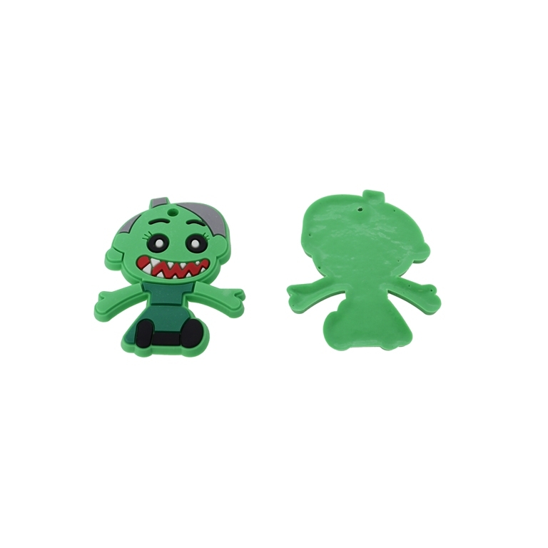 PLASTIC BEADS - RUBBER 3D - PENDANT - GIRL 27 ALIEN - 36x45x3mm GREEN-GREEN (DARK)-GRAY - 8pcs. Hole-2.0mm