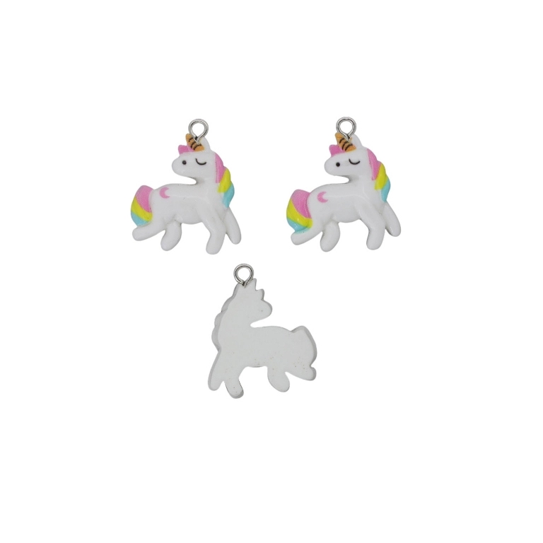 PLASTIC BEADS - RESIN 3D - PENDANT - UNICORN 07 - 20x26x5mm WHITE AND MIX - 2pcs. Hole-2.0mm