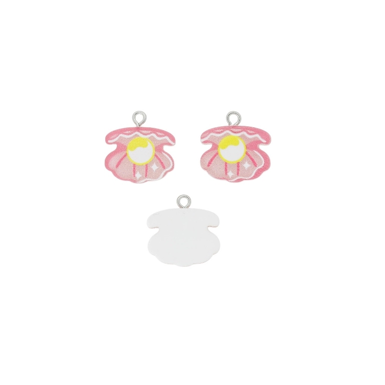 PLASTIC BEADS - RESIN 3D - PENDANT - SEA SHELL 01 WITH PEARL - 19x20x3mm PINK (LIGHT)-CYCLAMEN-YELLOW - PACKAGE 30pcs. Hole-2.0mm