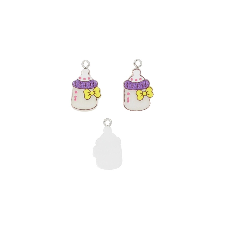 PLASTIC BEADS - RESIN 3D - PENDANT - BABY BOTTLE 01 - 14x24x3mm WHITE-PURPLE-YELLOW - 2pcs. Hole-2.0mm