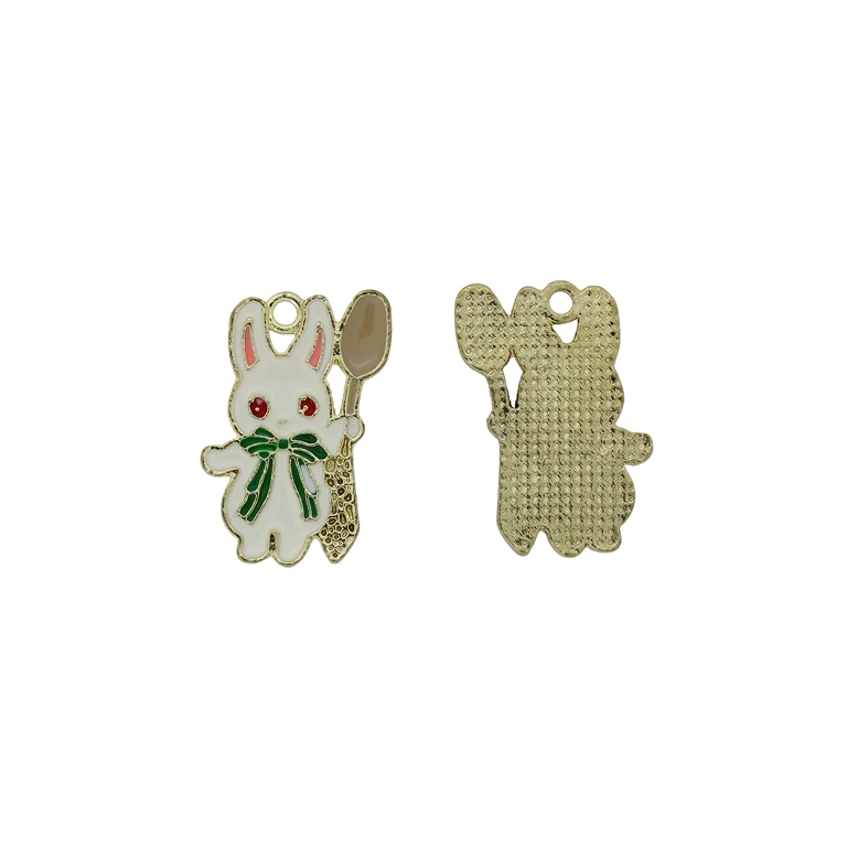 METAL BEADS WITH ENAMEL - PENDANT - RABBIT 15 WITH SPOON - 15x25x1.5mm WHITE-GREEN-RED -  3pcs. Hole-2.0mm