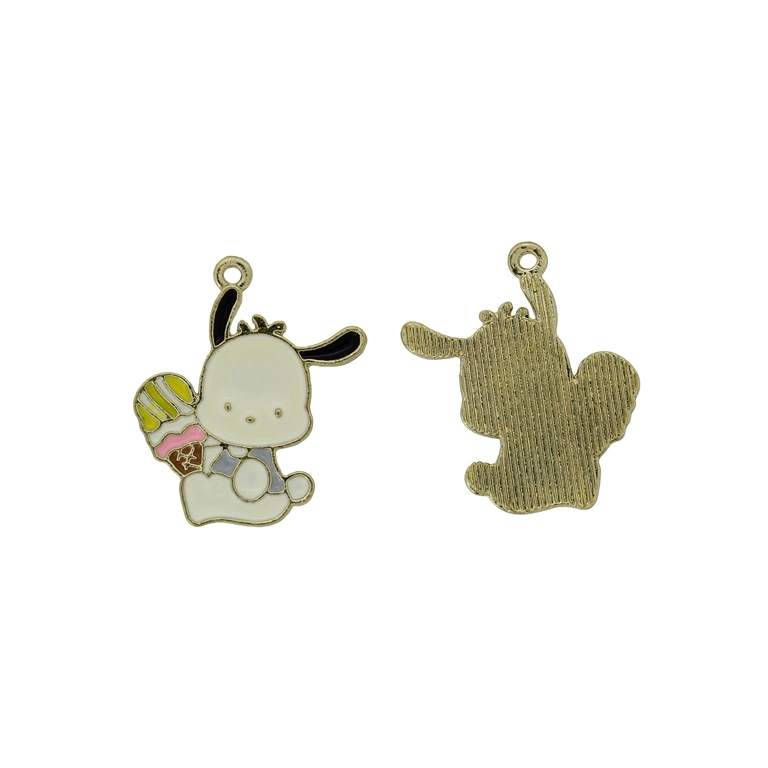 METAL BEADS WITH ENAMEL - PENDANT - DOG 11 WITH ICE CREAM - 24x27x1.5mm ECRU-YELLOW-PINK - PACKAGE 30pcs. Hole-1.8mm