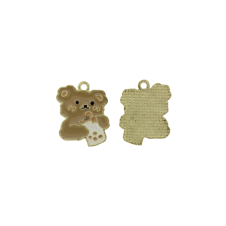 METAL BEADS WITH ENAMEL - PENDANT - BEAR 10 WITH CUP - 17x22x1.5mm BEIGE (DARK)-ECRU - 4pcs. Hole-1.8mm