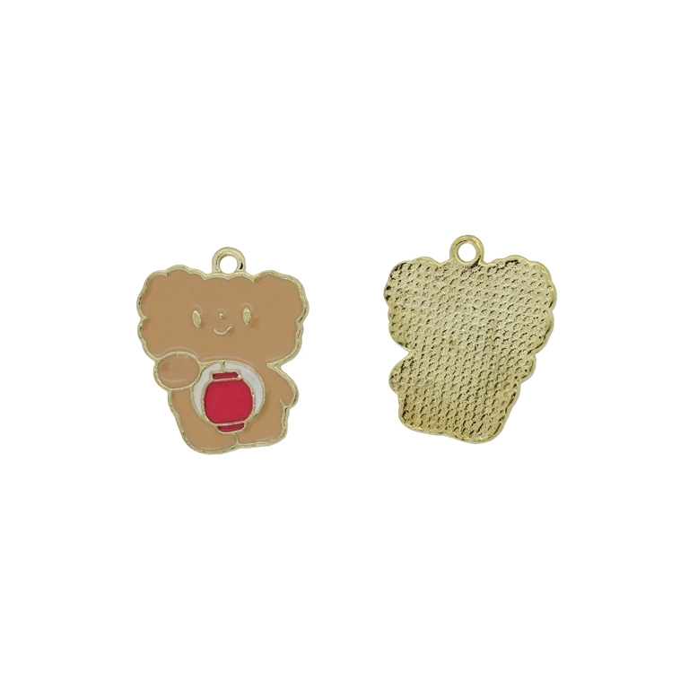 METAL BEADS WITH ENAMEL - PENDANT - BEAR 13 - 19x13x1.5mm BROWN (LIGHT)-WHITE-CYCLAMEN -  3pcs. Hole-2.0mm