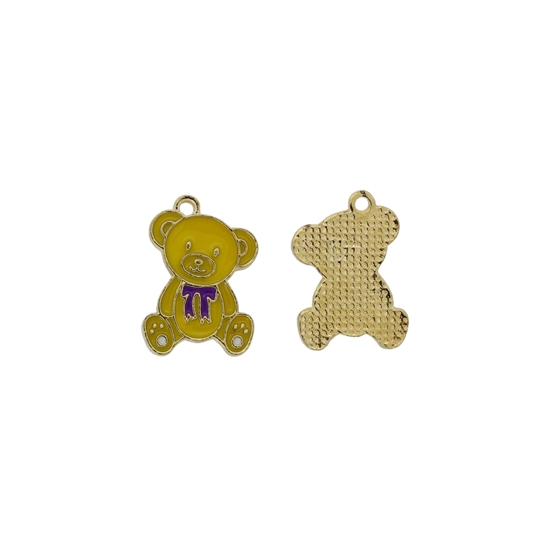 METAL BEADS WITH ENAMEL - PENDANT - BEAR 14 - 15x23x1.5mm YELLOW-PURPLE -  3pcs. Hole-2.0mm