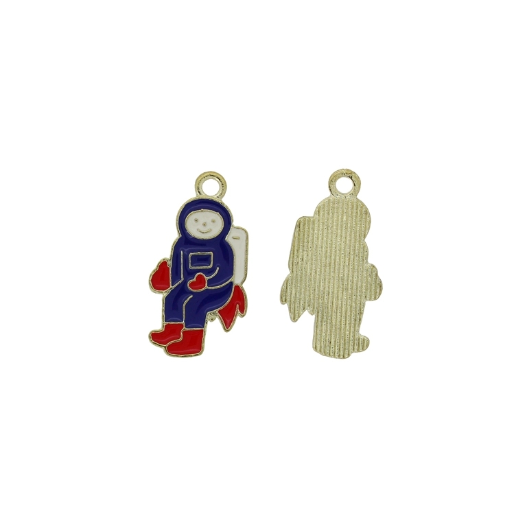 METAL BEADS WITH ENAMEL - PENDANT - COSMONAUT 01 - 15х28х1.6mm BLUE (DARK)-RED-WHITE - 4pcs. Hole-2.3mm