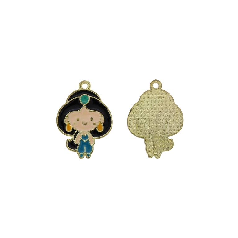 METAL BEADS WITH ENAMEL - PENDANT - GIRL 05 - 18х26х1.6mm ECRU-BLACK-TURQUOISE - PACKAGE 30pcs. Hole-1.7mm